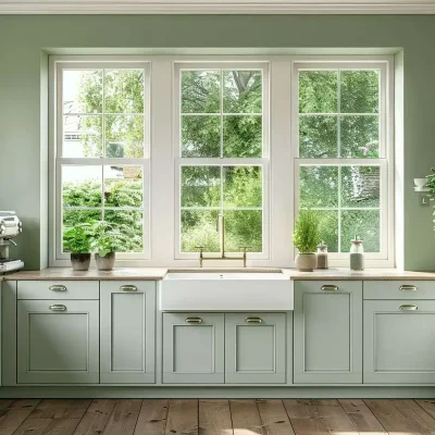 Open kitchen with light grey and white cabinets, pale green walls, and sash windows, featuring modern appliances including a coffee machine, sink, and detailed countertop, illuminated by natural