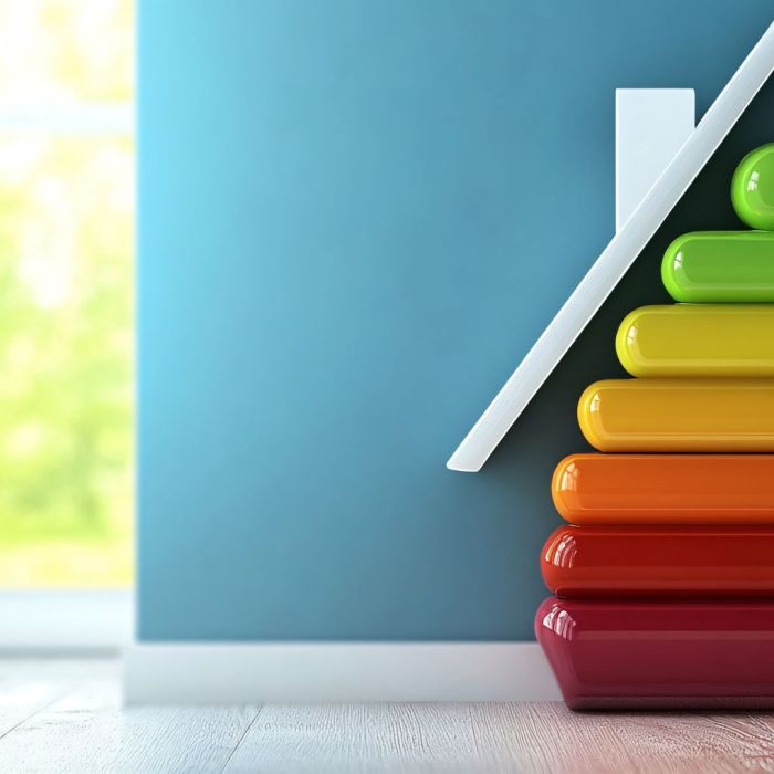 House showing energy efficiency rating with colorful bars and plant
